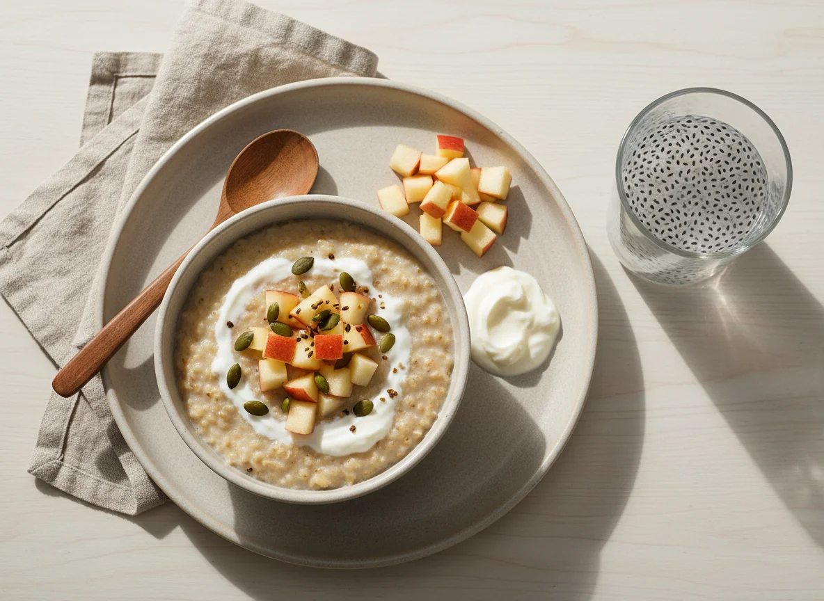Breakfast with Oats, Fruit, Yogurt and Seed Drink photo