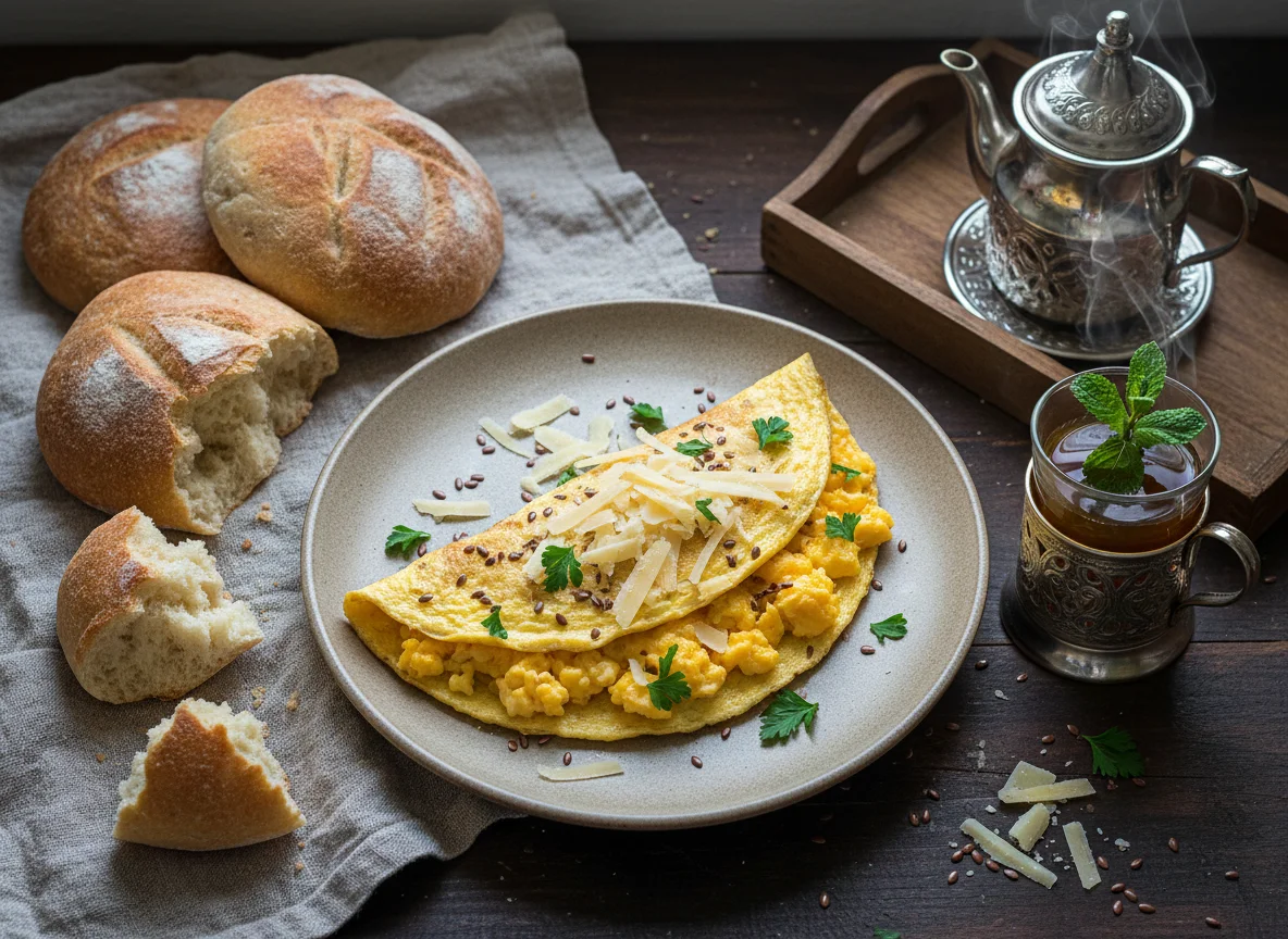 Breakfast with Omelette and Bread photo