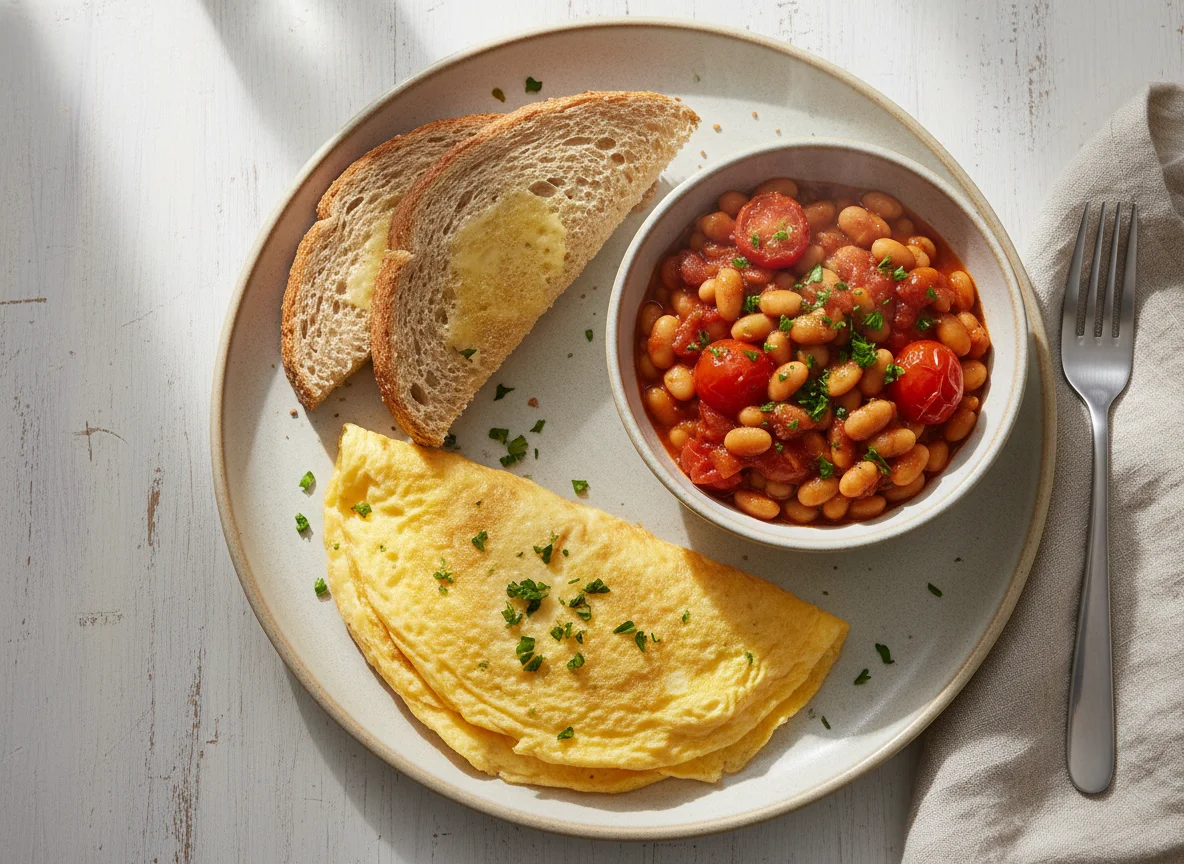 Breakfast with Omelette, Beans and Toast photo