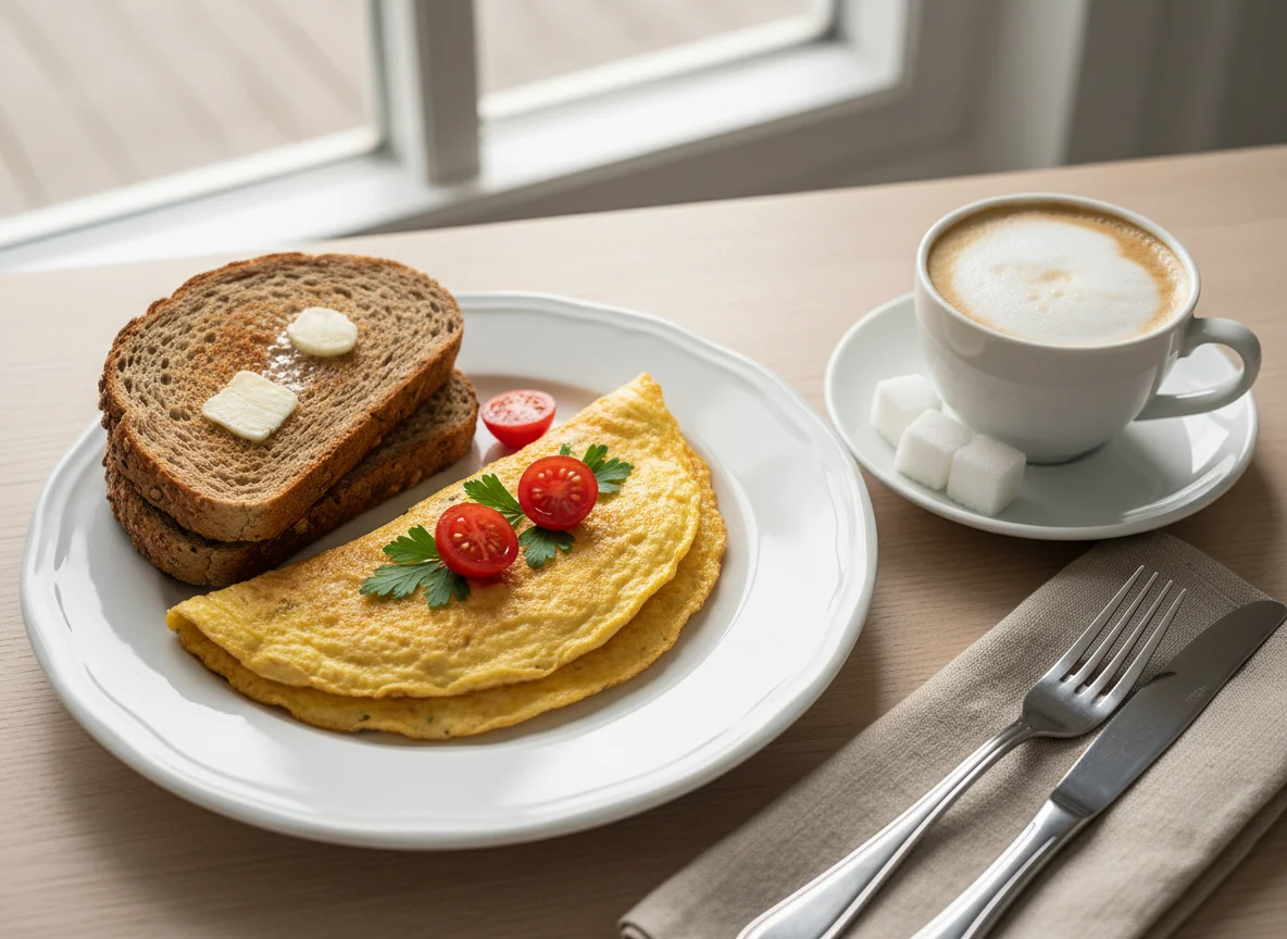 Breakfast with Omelette, Bread, and Coffee photo