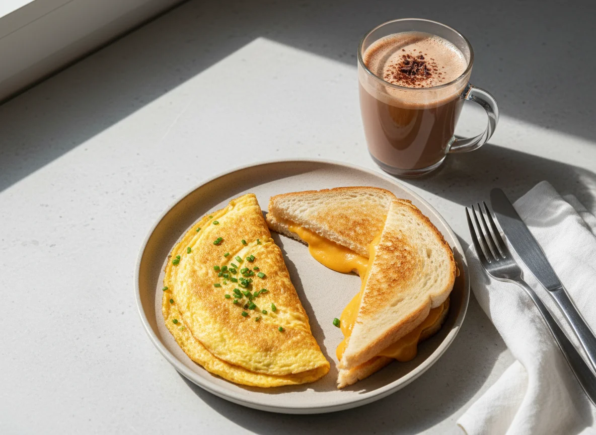 Breakfast with Omelette, Cheese Toastie and Hot Chocolate photo