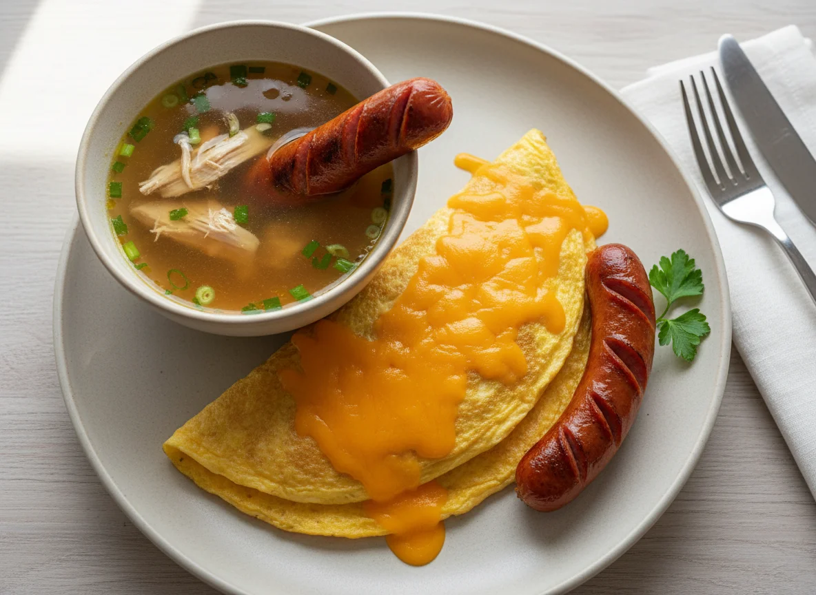 Breakfast with Omelette, Soup, and Sausage photo