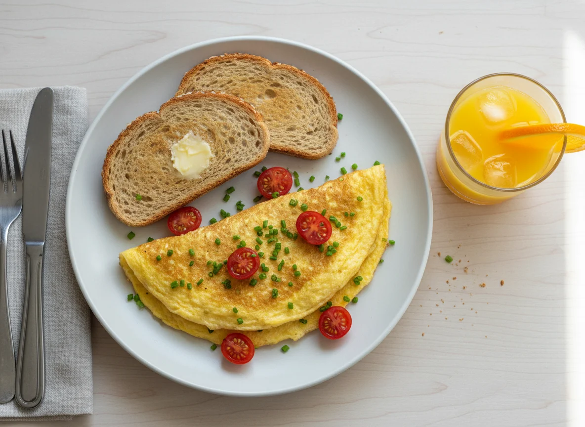 Breakfast with Omelette, Toast, and Orange Juice photo