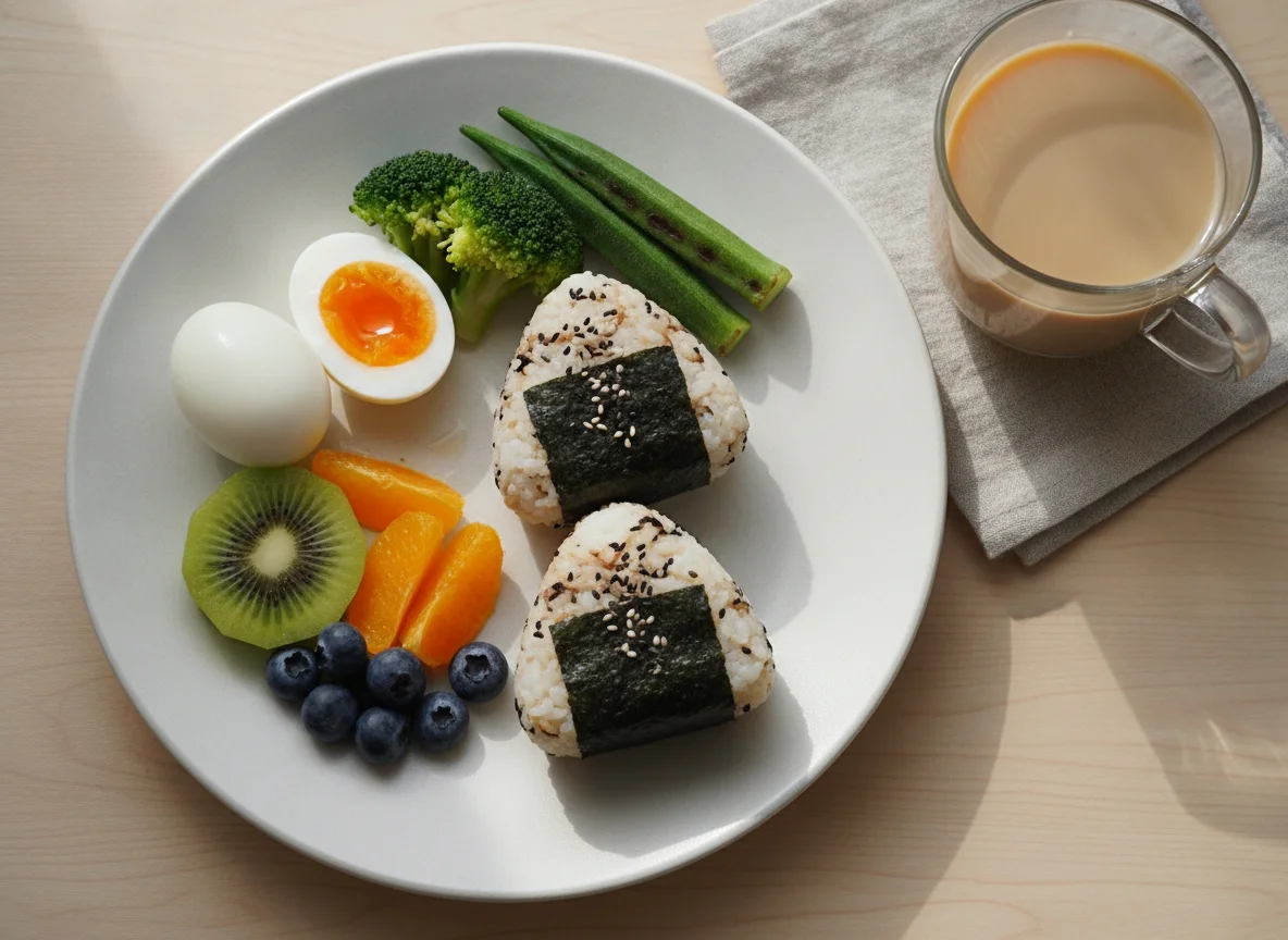 Breakfast with Onigiri, Boiled Eggs, Fruit, and Vegetables photo