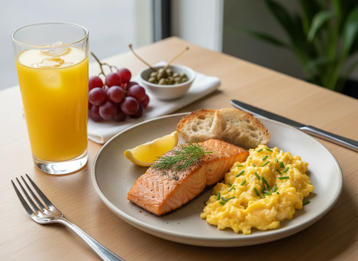 Breakfast with Orange Juice, Grapes, Salmon, and Scrambled Eggs photo