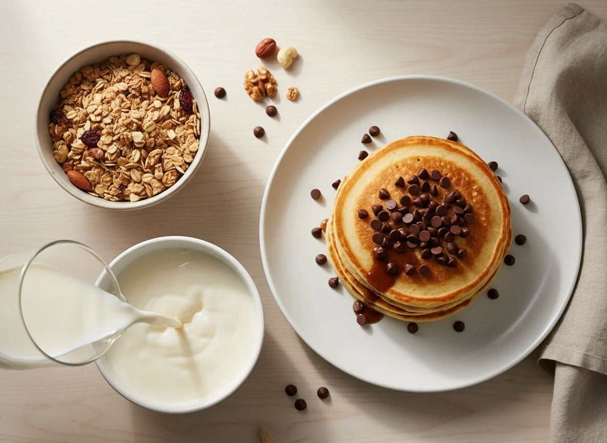 Breakfast with Pancake, Granola, and Milk photo