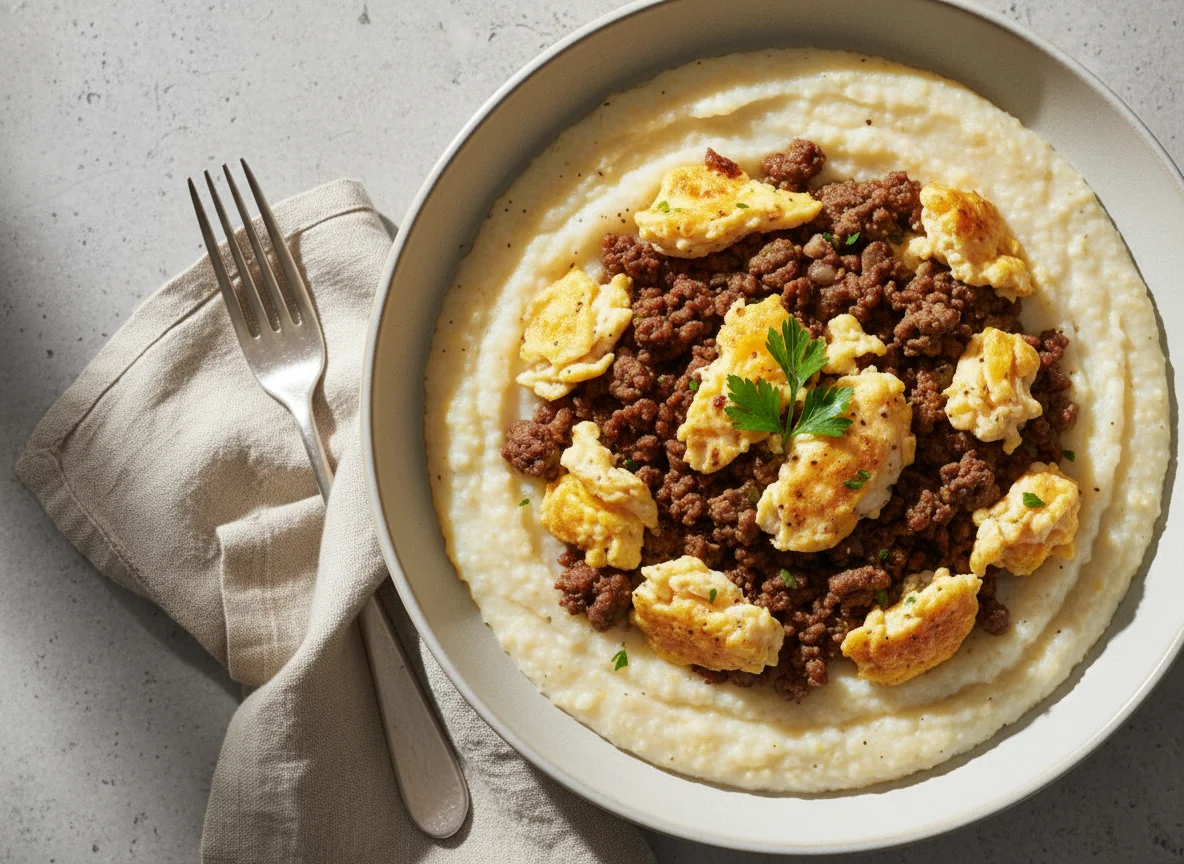 Breakfast with Pap, Scrambled Eggs, and Minced Meat photo