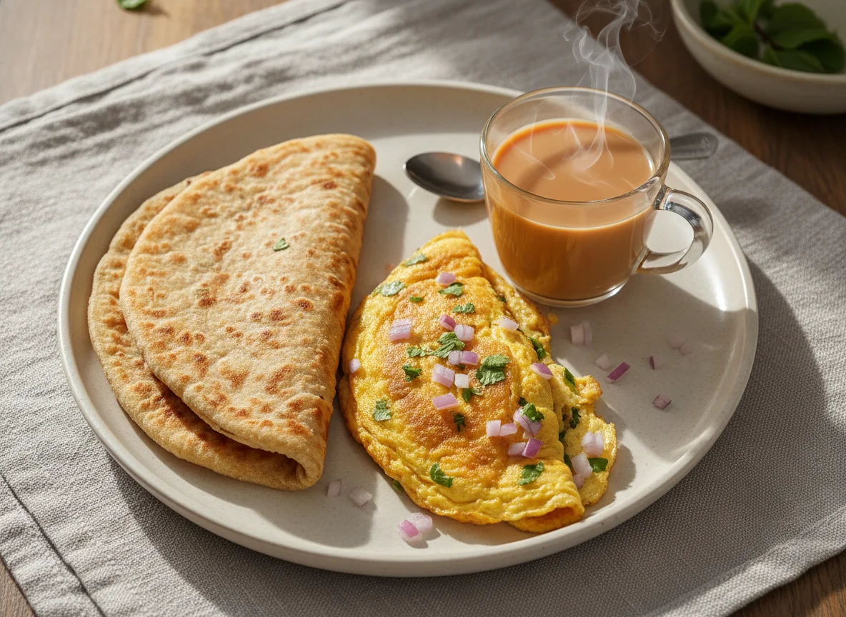 Breakfast with Paratha, Omelette, and Tea photo