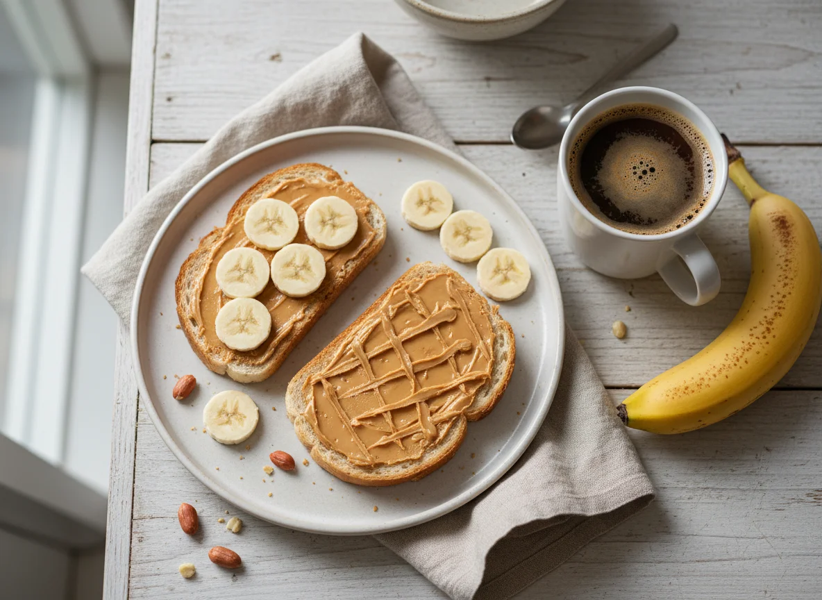 Breakfast with Peanut Butter Toast, Banana, and Coffee photo