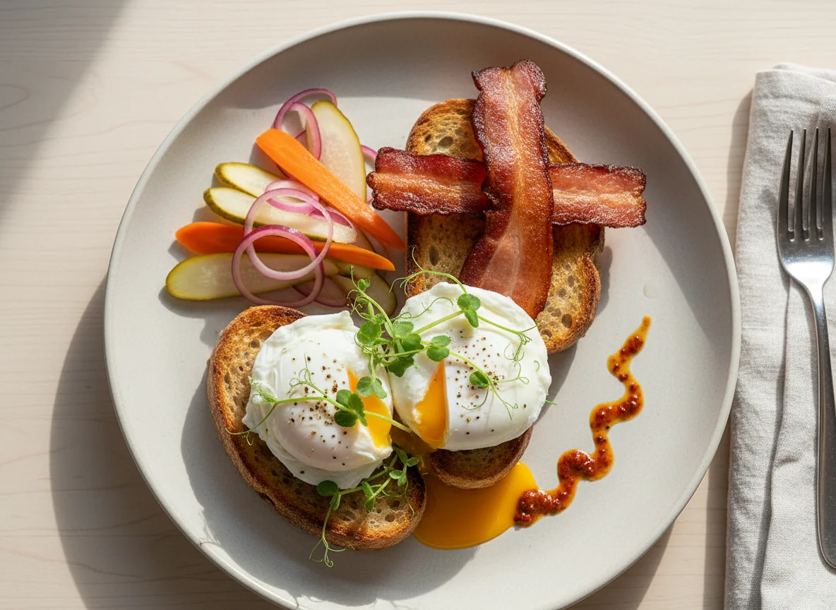 Breakfast with Poached Eggs, Bacon, and Pickled Vegetables photo