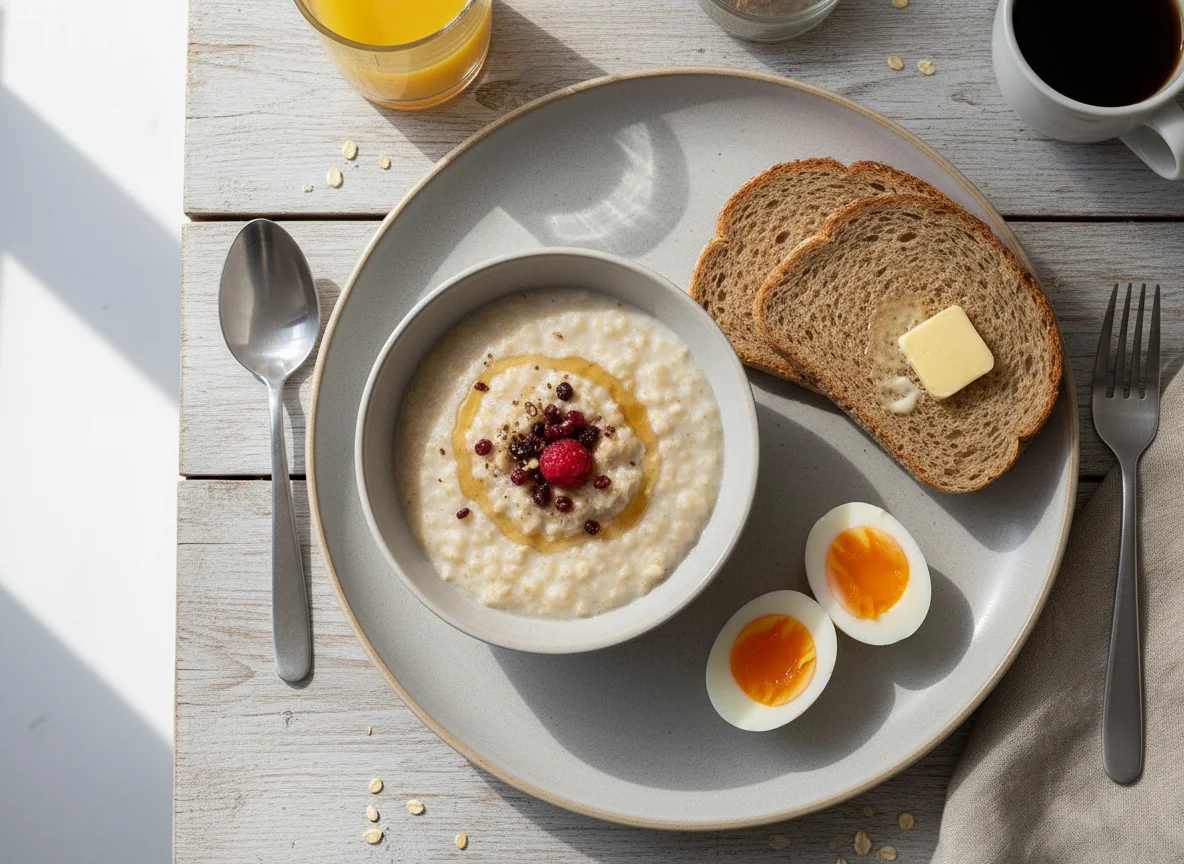 Breakfast with porridge, egg, bread, and butter photo