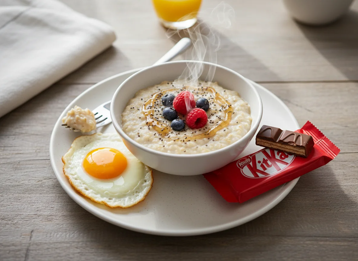 Breakfast with Porridge, Fried Egg, and Chocolate Bar photo