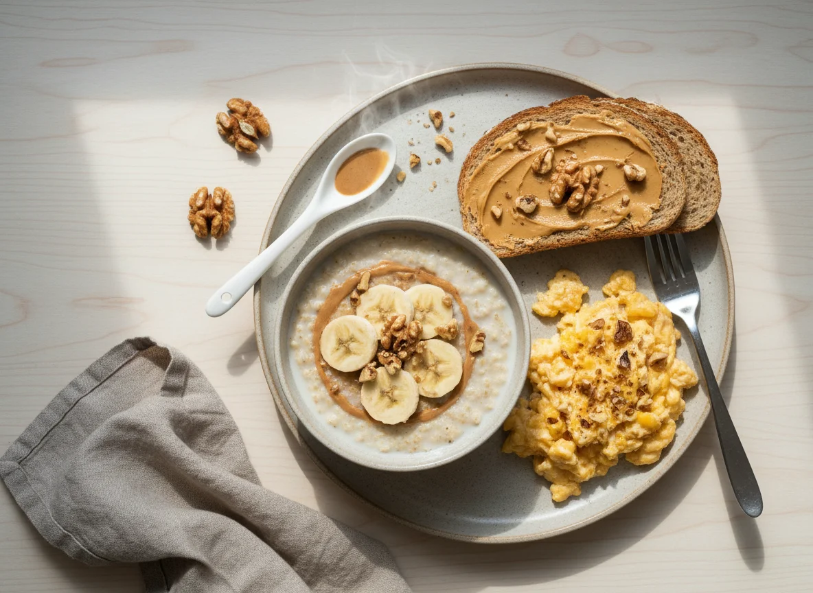 Breakfast with Porridge, Scrambled Eggs, Toast, Banana, and Walnuts photo