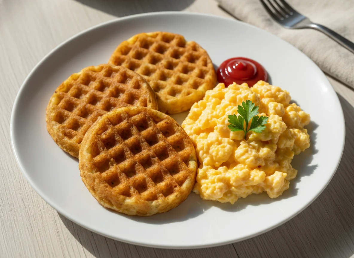 Breakfast with Potato Waffles and Scrambled Eggs photo