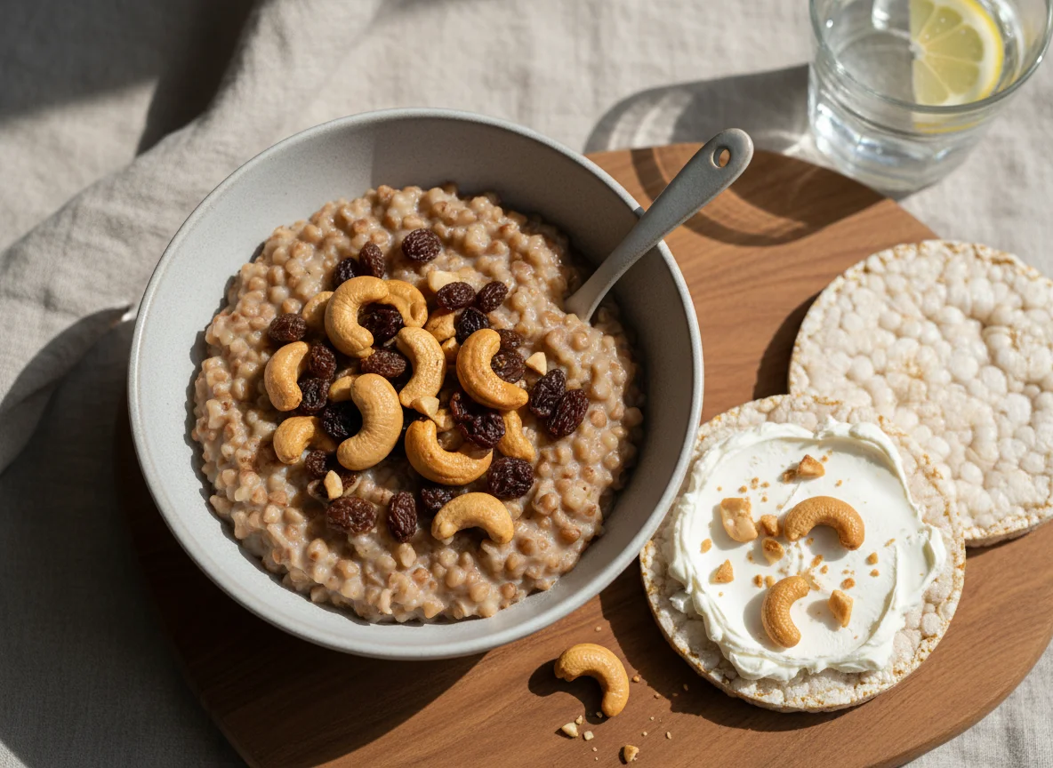 Breakfast with rice cakes and buckwheat porridge photo