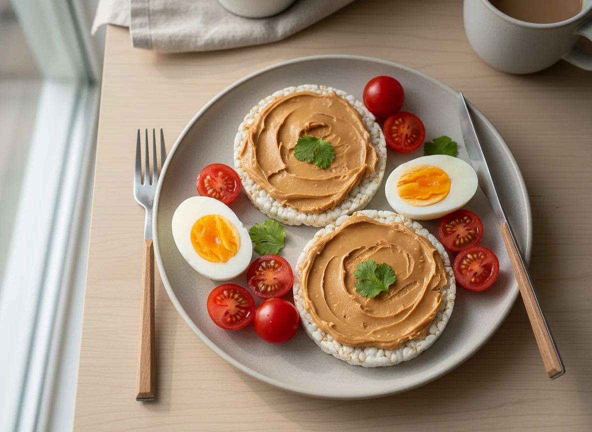 Breakfast with rice cakes, eggs, and tomato photo