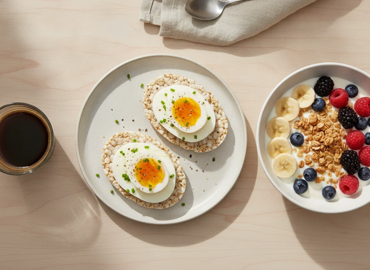 Breakfast with rice cakes, eggs, and yogurt bowl photo