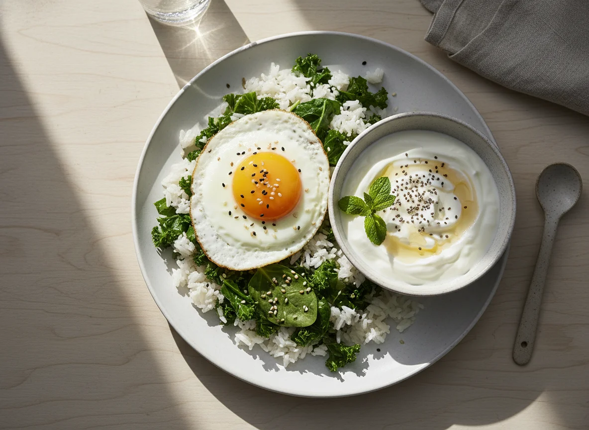 Breakfast with Rice, Greens, Egg, and Yogurt photo