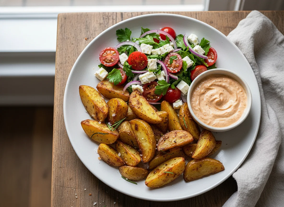 Breakfast with roasted potatoes, tomato and feta salad, and sauce photo