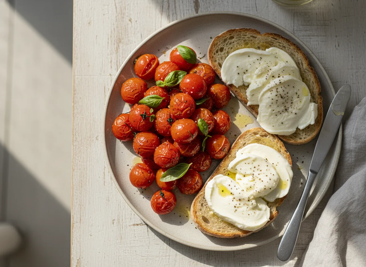 Breakfast with Roasted Tomatoes, Toast, and Mozzarella photo