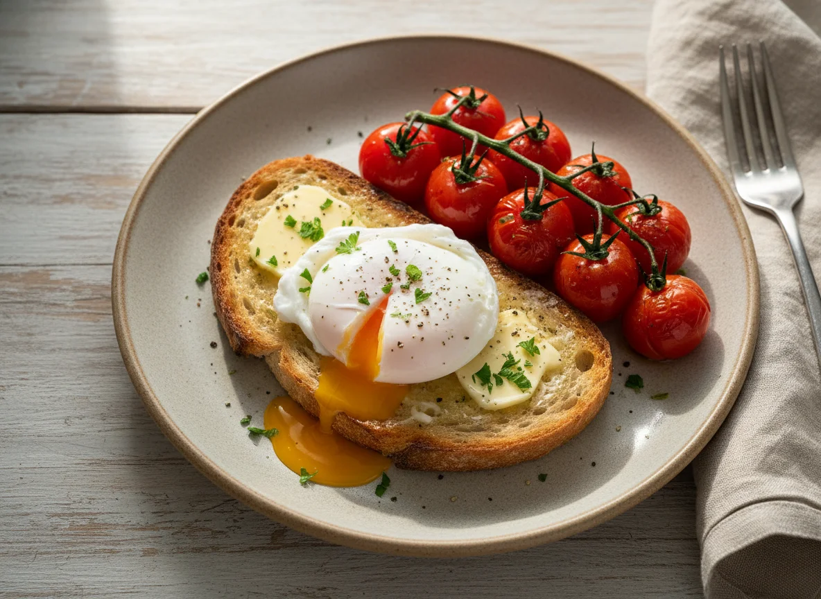 Breakfast with Roasted Tomatoes, Toast, Poached Egg photo