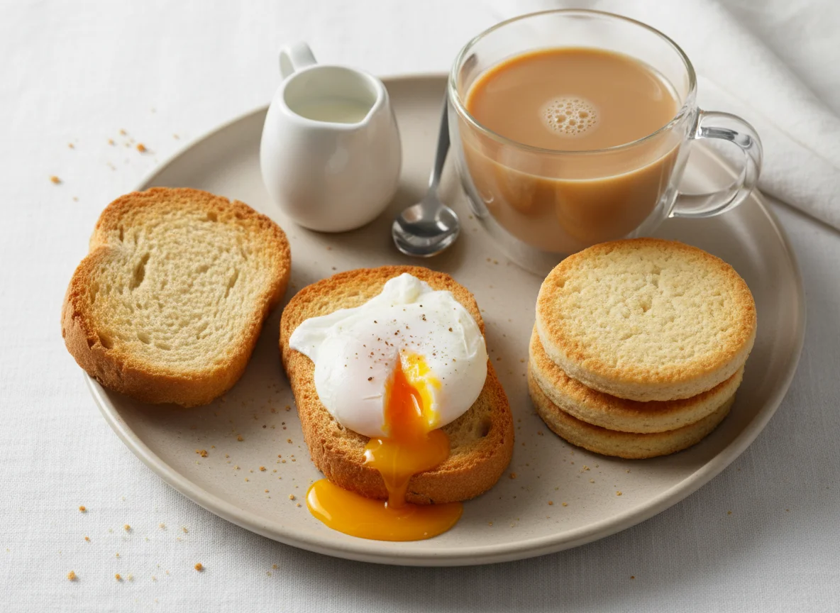 Breakfast with Rusk, Biscuit, Egg, and Tea photo