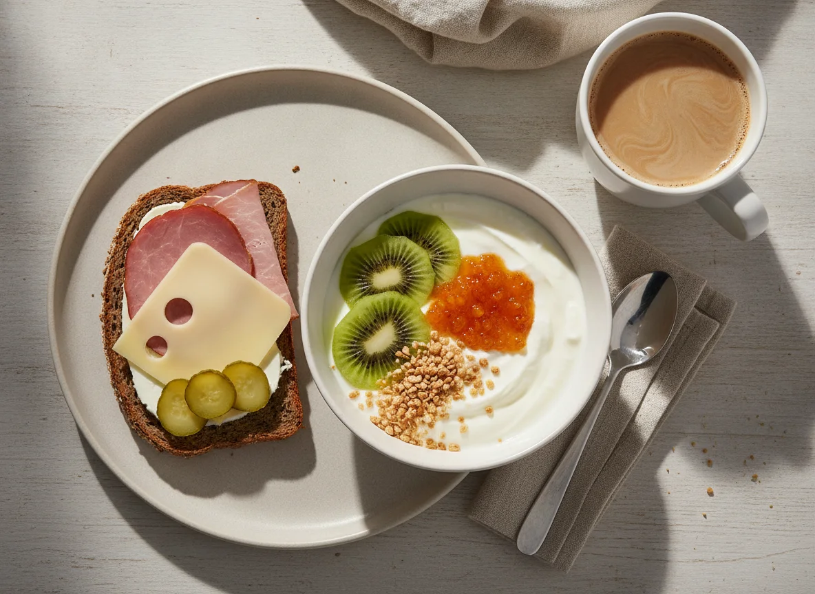 Breakfast with rye bread, yogurt bowl and coffee photo