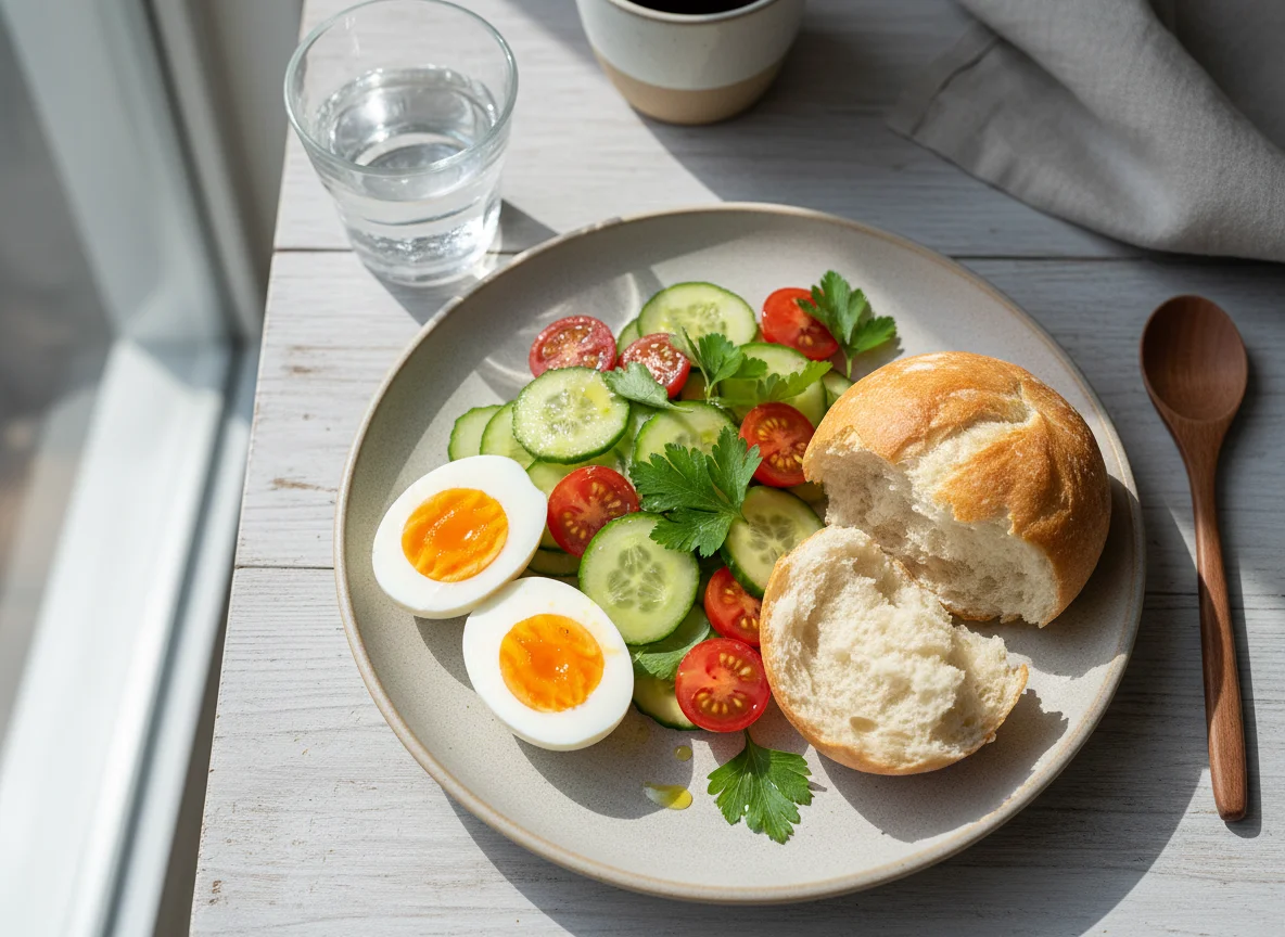 Breakfast with Salad, Eggs, and Bread photo