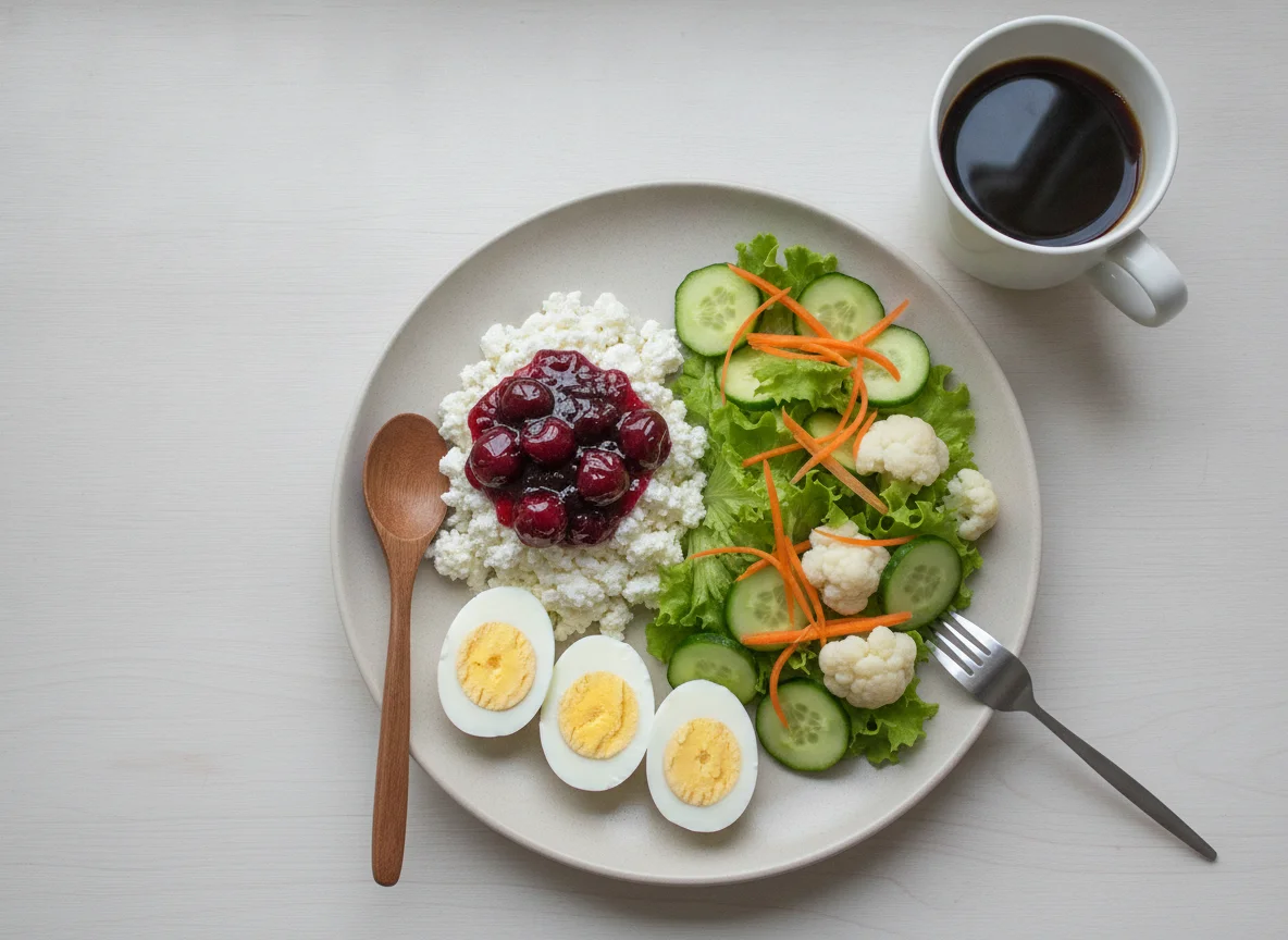 Breakfast with salad, yogurt, and egg whites photo
