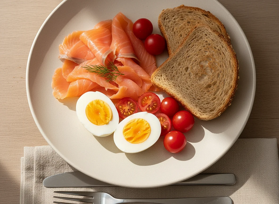 Breakfast with salmon, eggs, tomatoes and toast photo