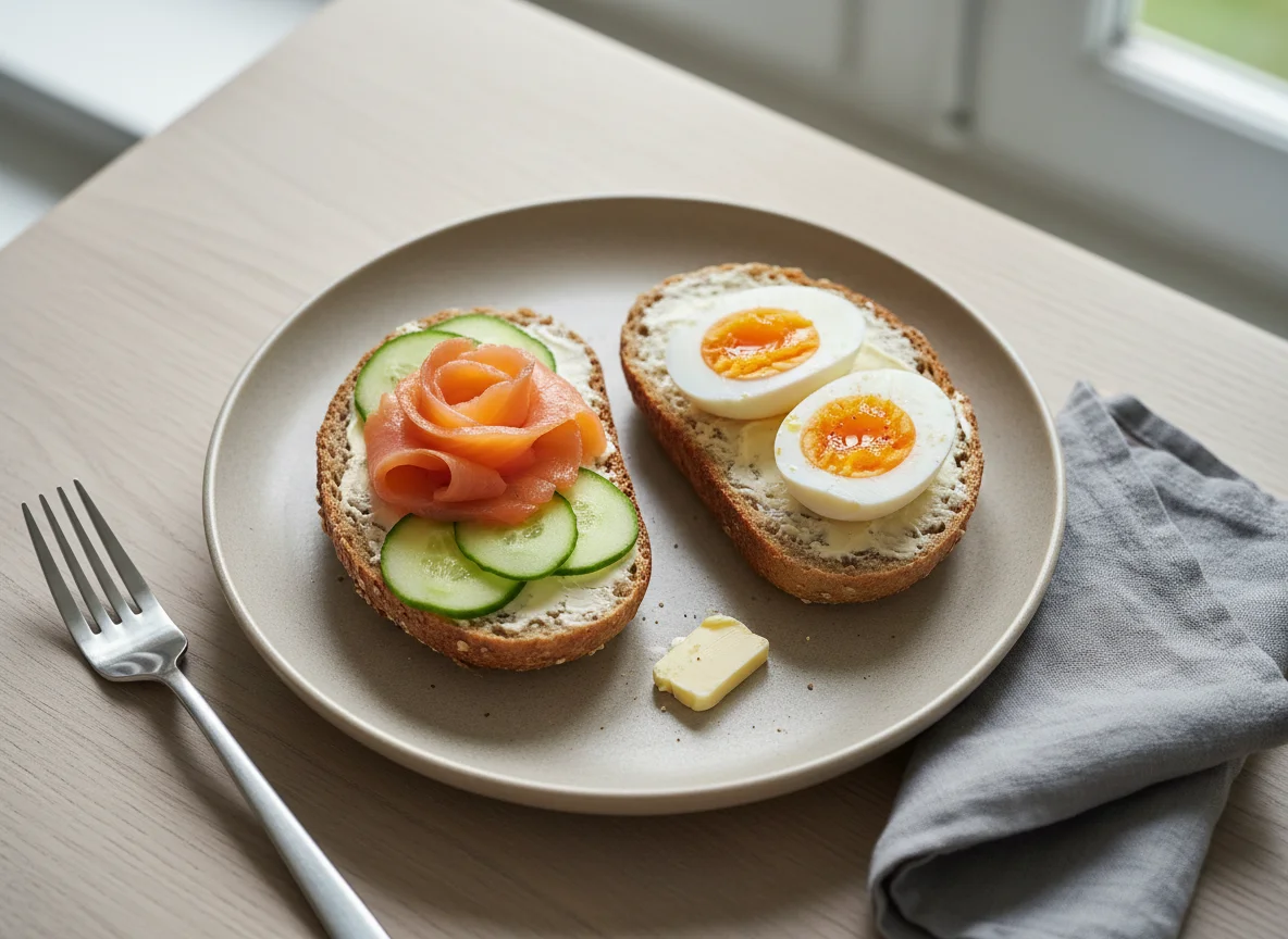 Breakfast with salmon roll and egg photo