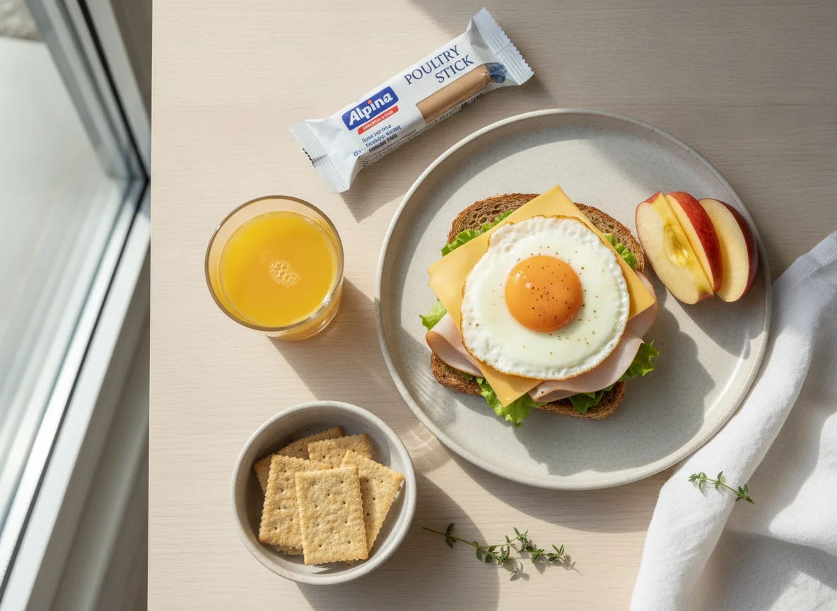 Breakfast with sandwich, apple, juice, poultry stick and Blevita photo