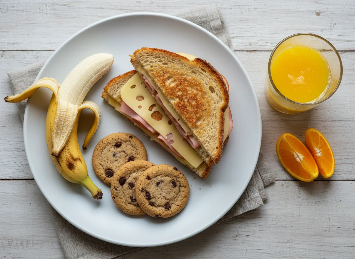 Breakfast with sandwich, banana, cookies and juice photo