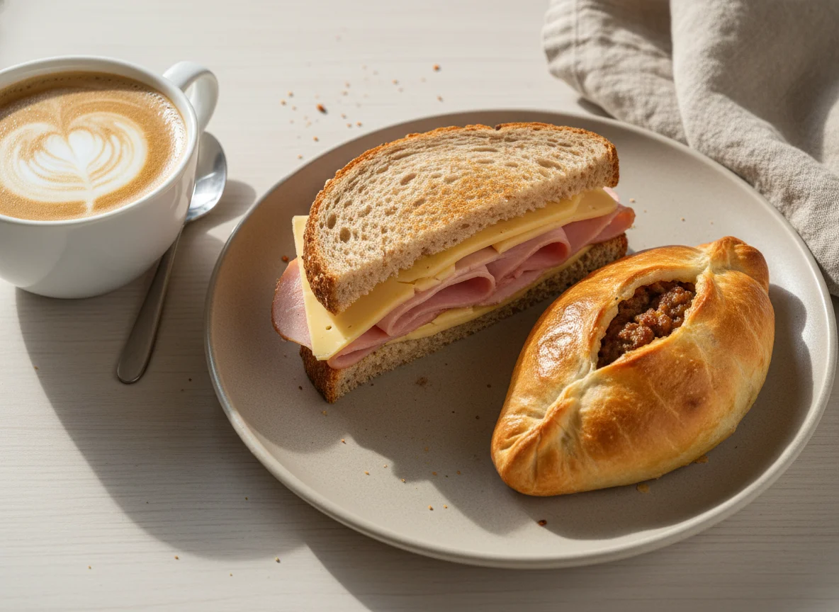 Breakfast with sandwich, pastry, and coffee with milk photo