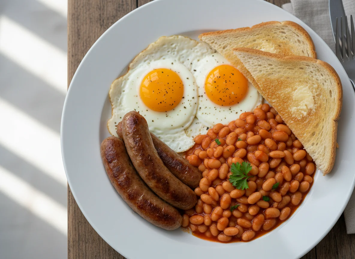 Breakfast with Sausages, Eggs, Beans on Toast photo