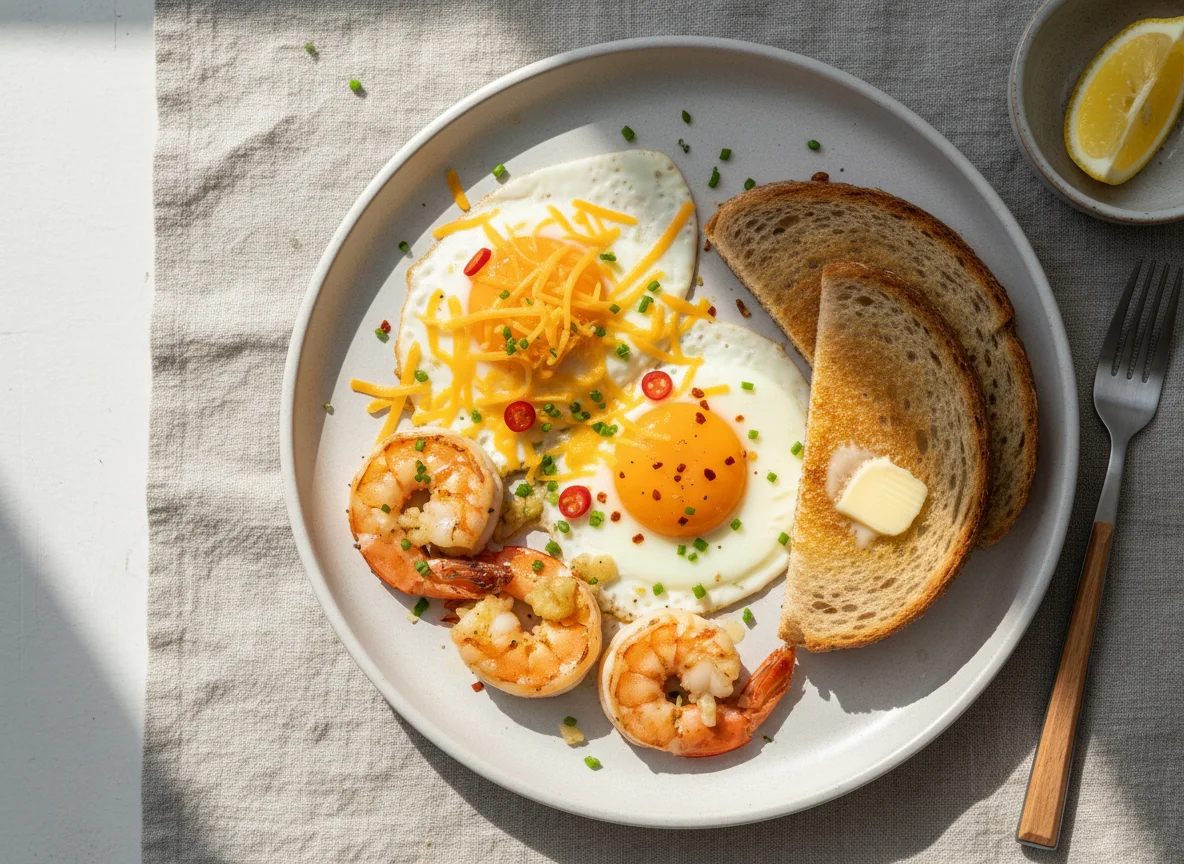 Breakfast with Scampi, Eggs, and Toast photo