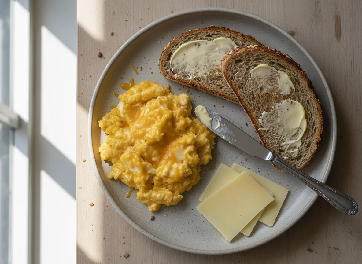 Breakfast with Scrambled Eggs and Cheese Bread photo