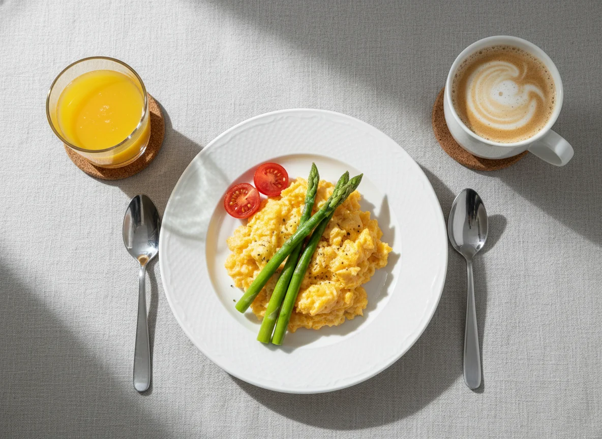 Breakfast with Scrambled Eggs and Drinks photo
