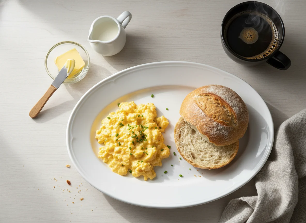 Breakfast with Scrambled Eggs and Rolls photo