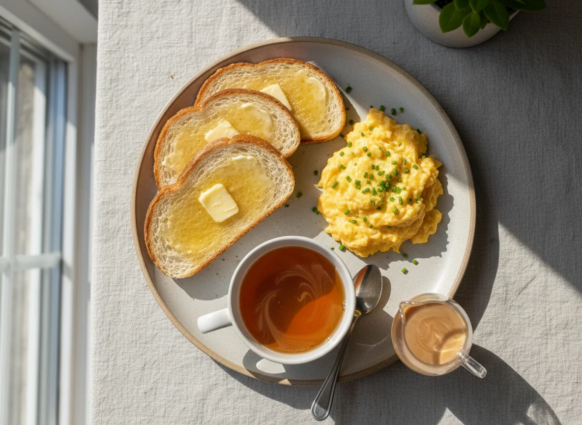 Breakfast with Scrambled Eggs and Tea photo