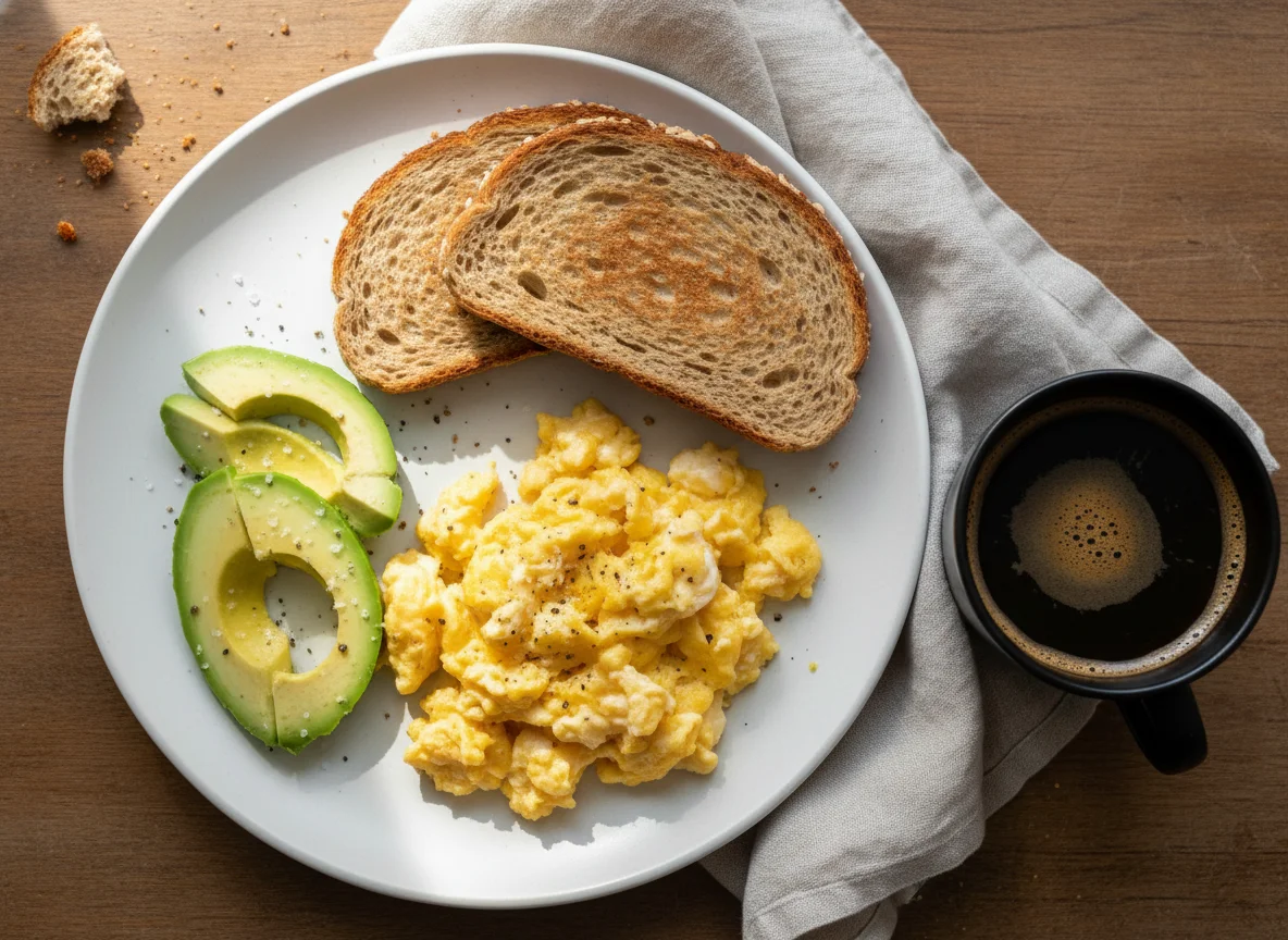 Breakfast with Scrambled Eggs, Avocado, Toast, and Coffee photo