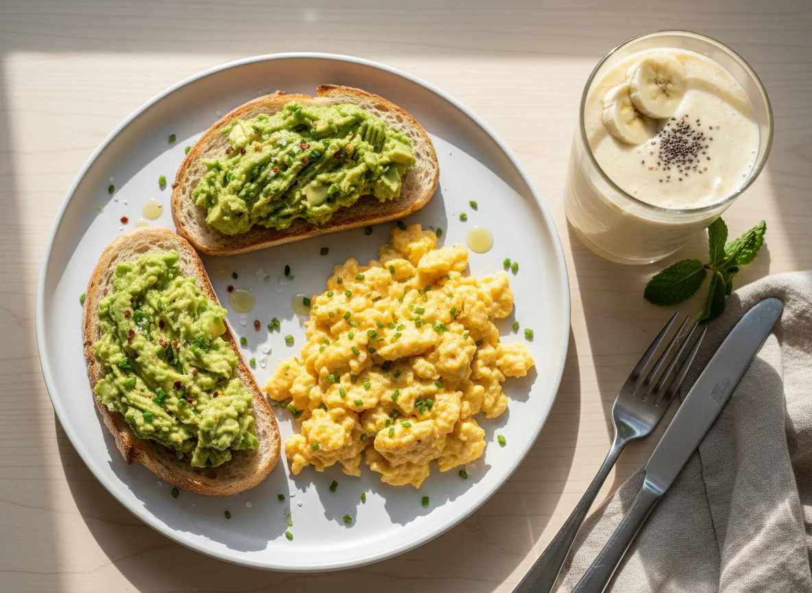 Breakfast with Scrambled Eggs, Avocado Toast, and Smoothie photo
