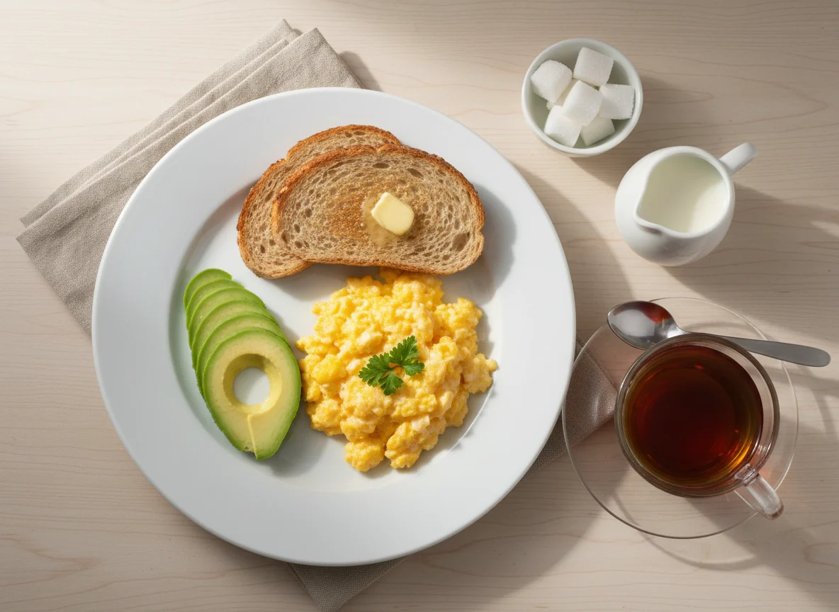Breakfast with Scrambled Eggs, Avocado, Toast and Tea photo