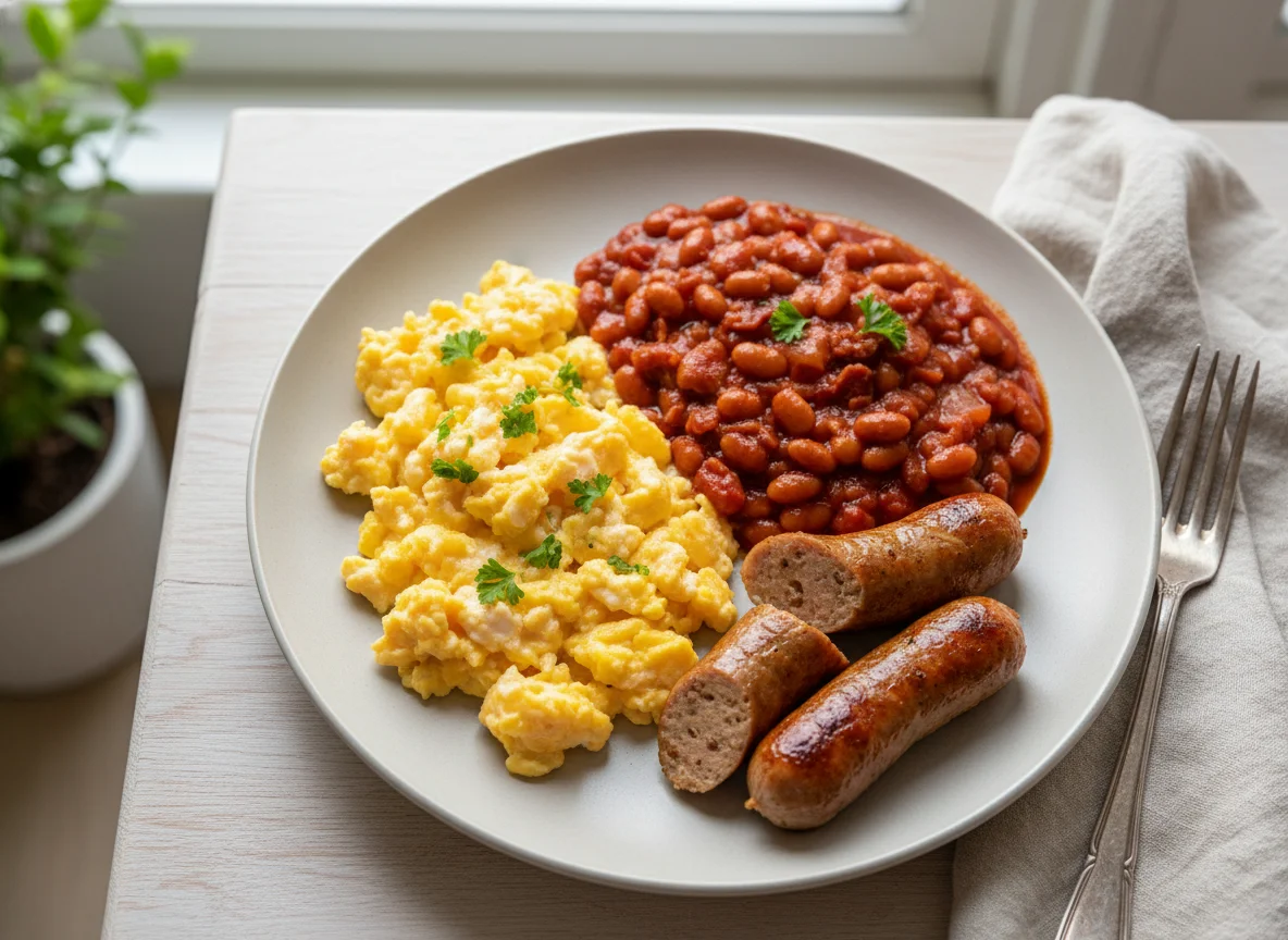 Breakfast with Scrambled Eggs, Baked Beans, and Chicken Sausage photo
