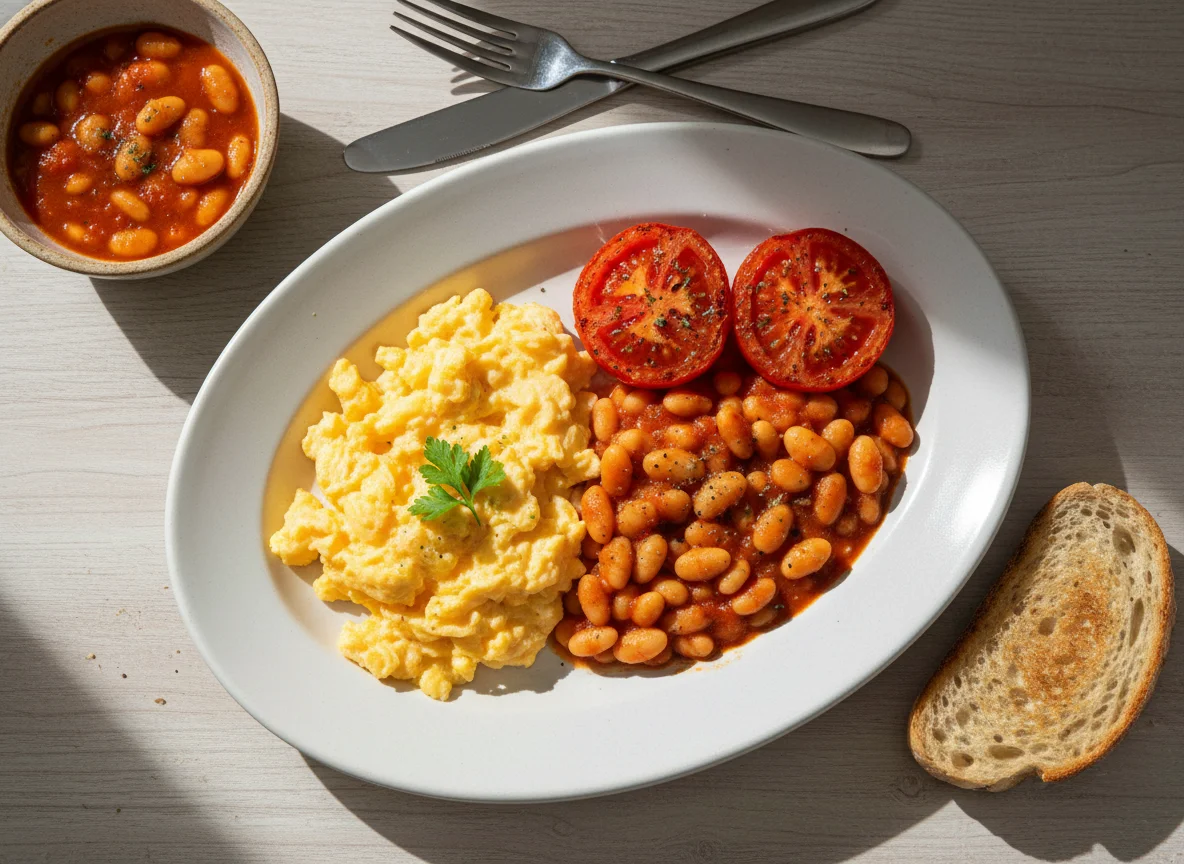 Breakfast with Scrambled Eggs, Baked Beans, and Tomatoes photo