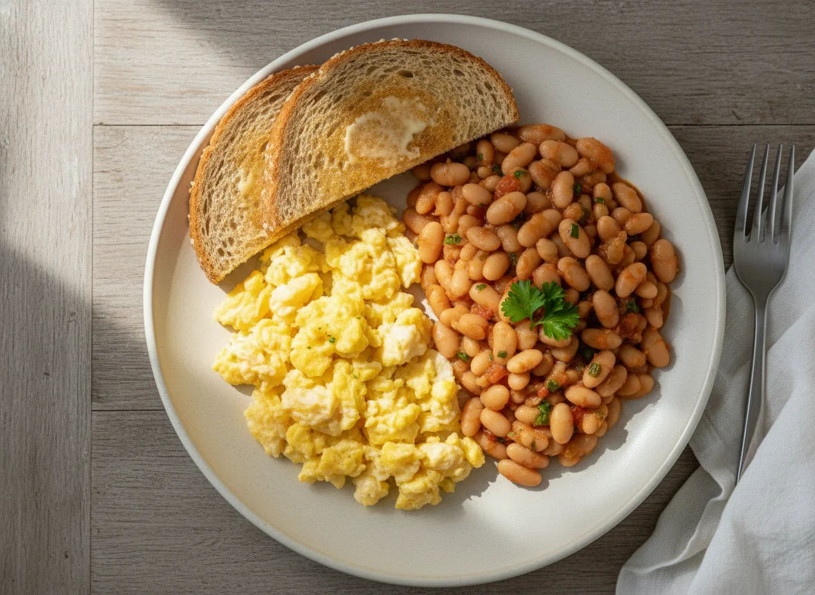 Breakfast with Scrambled Eggs, Beans, and Toast photo