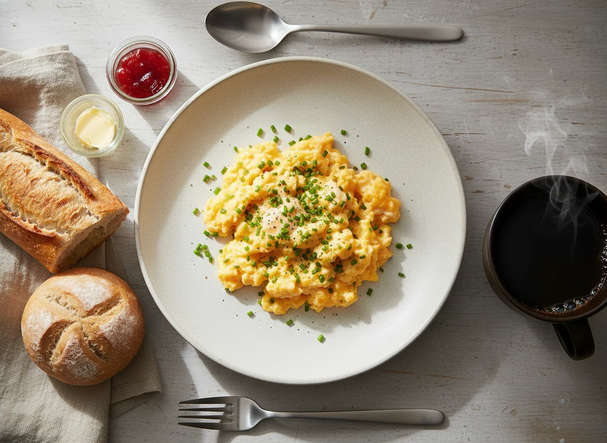 Breakfast with Scrambled Eggs, Bread, and Coffee photo