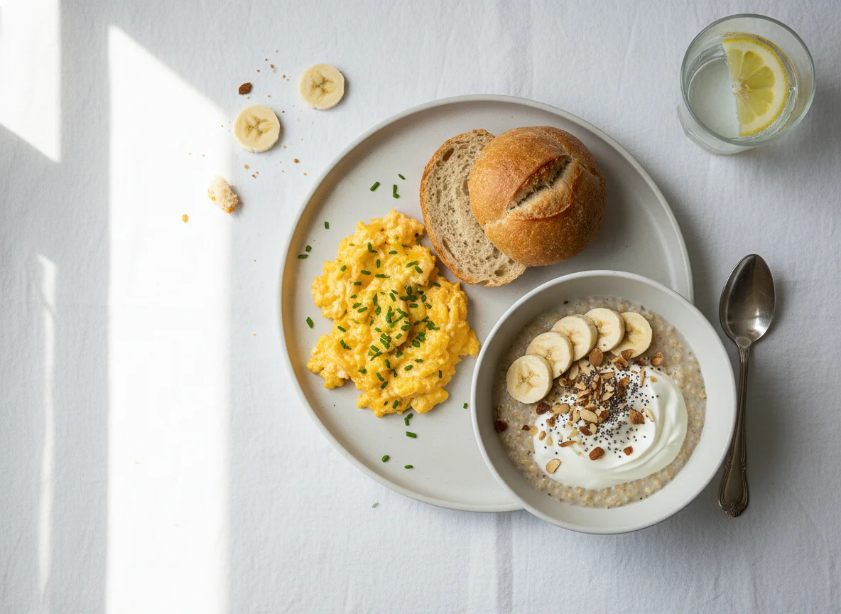 Breakfast with Scrambled Eggs, Bread, and Oat with Banana and Yogurt photo