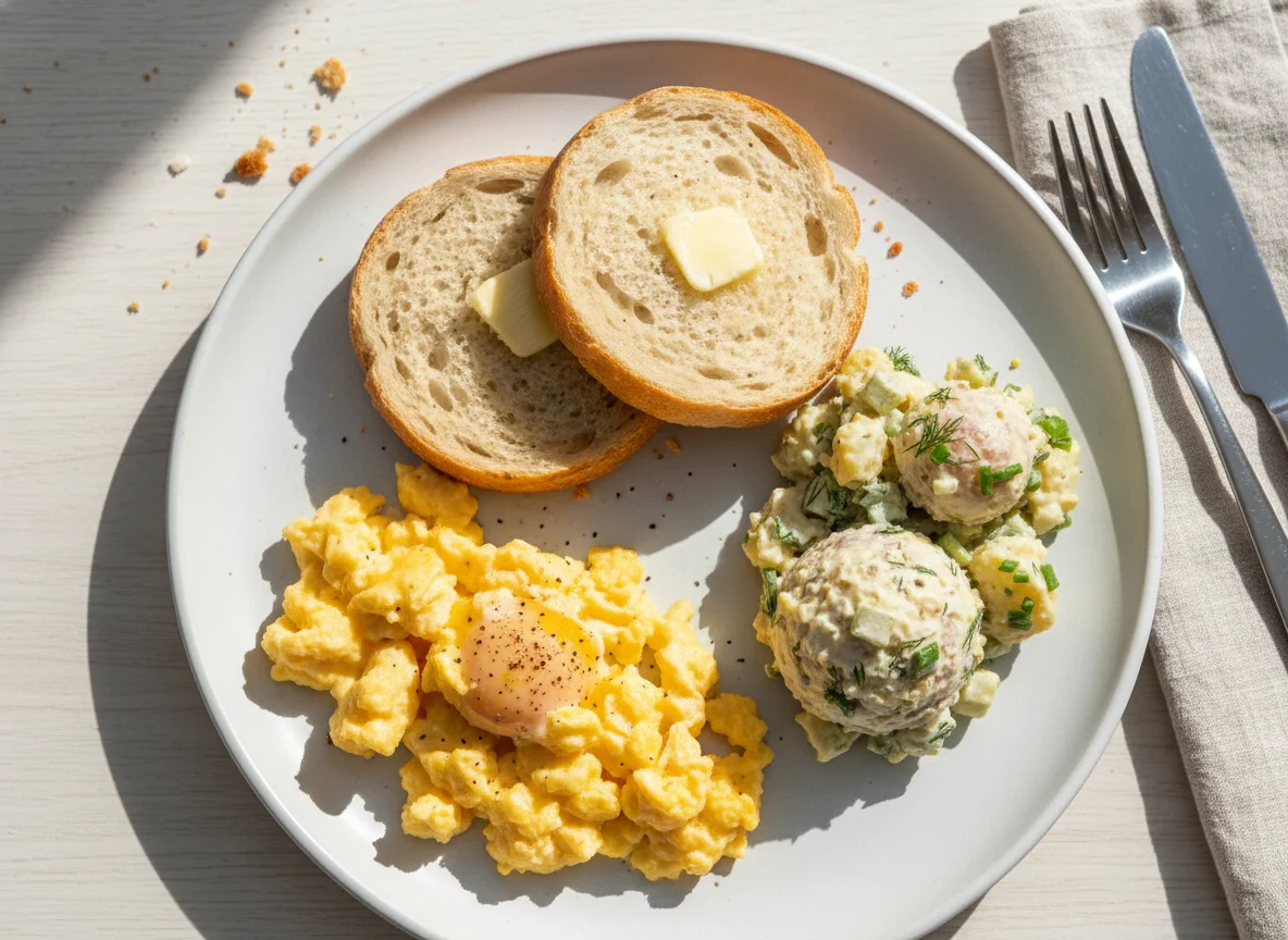 Breakfast with Scrambled Eggs, Bread, and Potato Salad photo