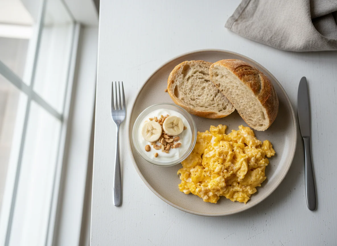 Breakfast with Scrambled Eggs, Bread, Yogurt, Banana, and Peanuts photo